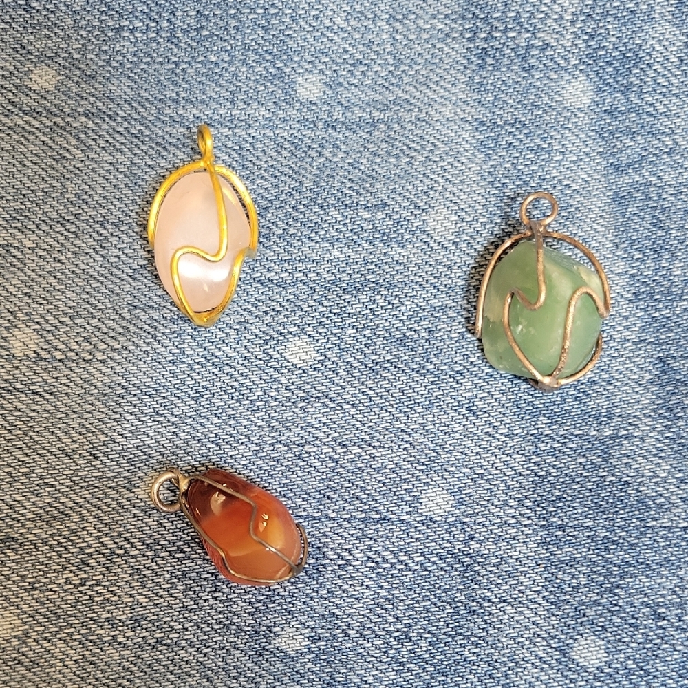 Lot Of 3 Stone Pendants With Silver And Gold Wire - Handmade